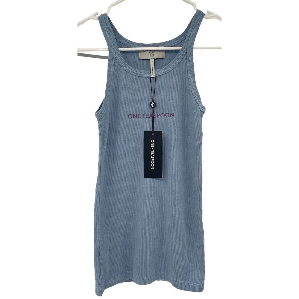 One Teaspoon Womens Blue Skyway Logo Singlet Ribbed Tank Top Cotton Size Xxs Nwt — image 2 of 8